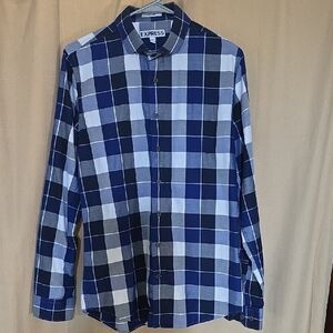 Express Blue and White Plaid Casual Button Down Shirt